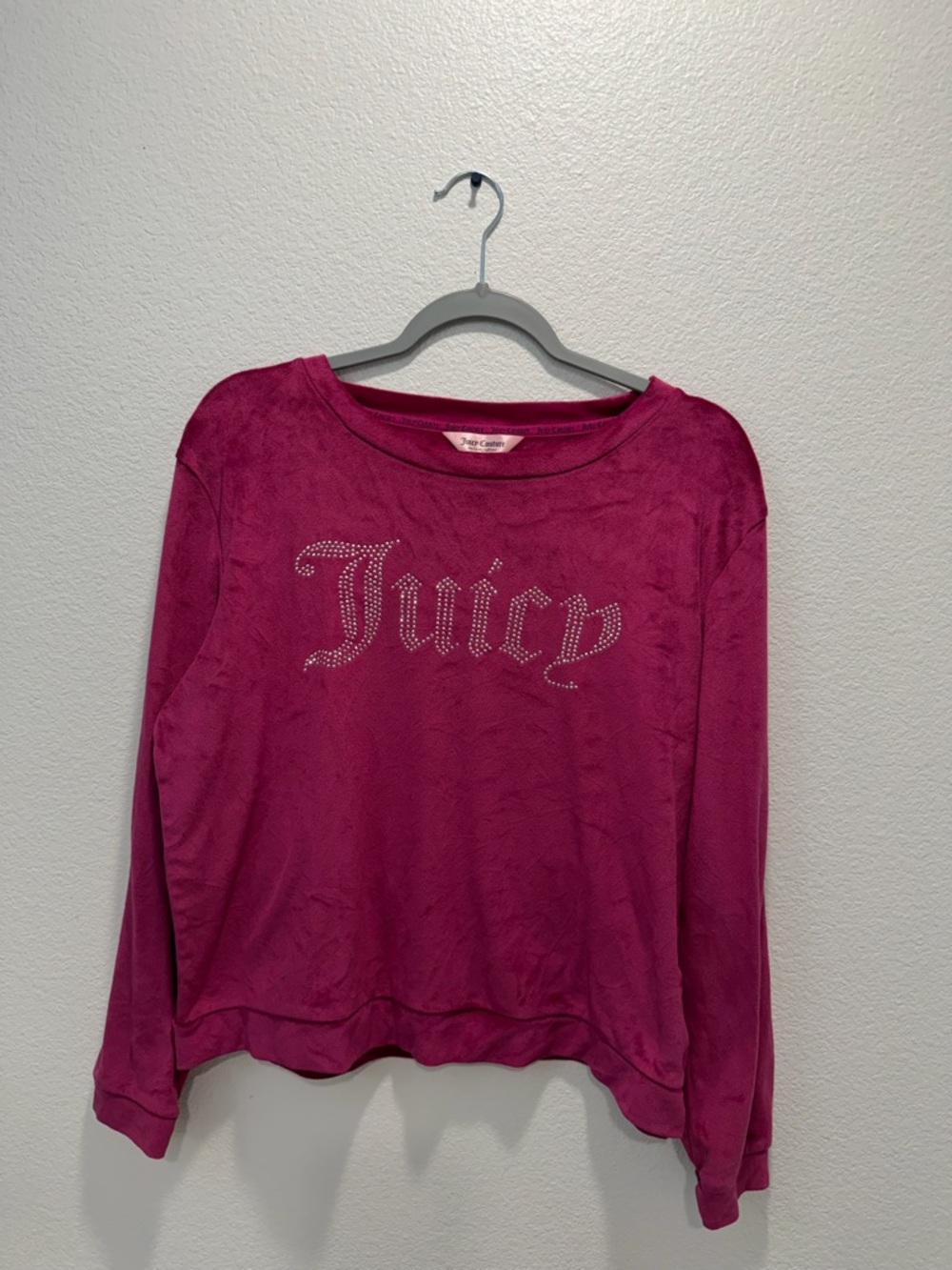 Juicy Couture pink velour long sleeve top with rhinestone logo Size L